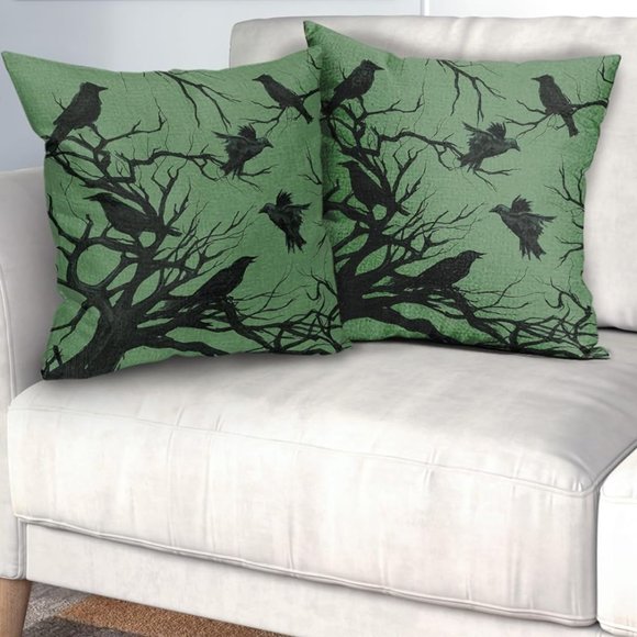 Set 2 Green Black Crow Pillow Covers 18" Square Pillows Crows Ravens Gothic New - Picture 1 of 12